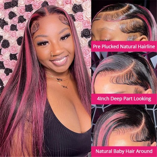 Purple Highlights Straight 13x4 Transparent Lace Front Wig | Human Hair Wig | Lace Front